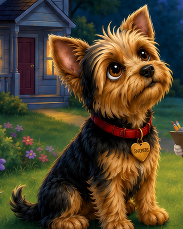 Illustration of Snickers, the Borkie (beagle & yorkie mix)