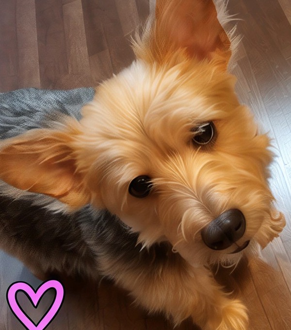 Photo of the real Snickers, a tan and black Borkie, looking up at the camera