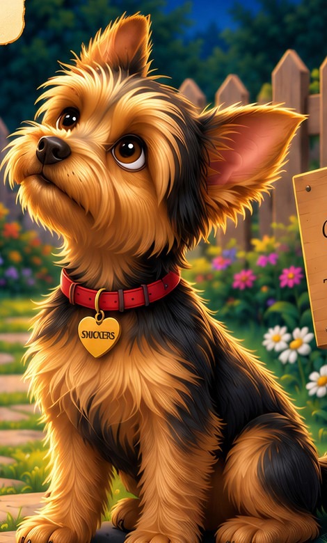 Inside illustration of Snickers sitting in the garden, looking up at the sky